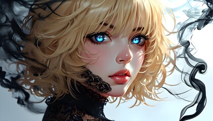 Enigmatic blue-eyed blonde femme fatale in black lace surrounded by ethereal smoke on a minimalist white canvas in digital art style