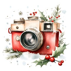 Wall Mural - Vintage Camera with Holly and Snow Watercolor Illustration