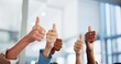 © peopleimages.com - Employees, hands and thumbs up in office for winning, team support and motivation for goals. Business people, emoji and symbol for like feedback in workplace, cooperation and staff for collaboration
