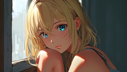 Wall Mural - Blonde anime femme fatale with blue eyes gazing through a window, captivating and mysterious in a vibrant 2D digital illustration.