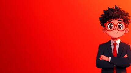 Wall Mural - a cartoon boy in a suit and tie stands in front of a red background. the boy is wearing glasses and 