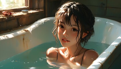 Canvas Print - Cheeky Teenage Girl Relaxing in Vintage Bathtub in Anime Style Digital Artwork