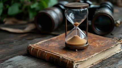 Vintage hourglass on antique book with rustic binoculars for timeless decor and historical themes