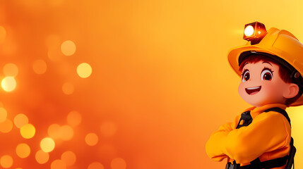 Wall Mural - a cartoon character wearing a yellow helmet and a yellow shirt is standing in front of a yellow back