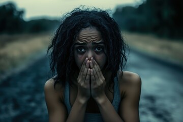 Wall Mural - A dark-skinned girl walks along the road with her hands over her mouth and fear in her eyes ash falls from the top