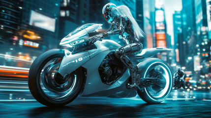 A woman cyborg biker riding a sleek, futuristic motorbike. The robot girl sits on a white sport motorcycle, speeding down the road in a sci-fi cyberpunk cityscape. The cool female biker and her advanc