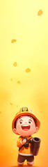 Wall Mural - a cartoonish child wearing a yellow hat and a yellow shirt is holding a toy gun. the image is set in