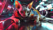 © chopoo - Sphynx Cat in  futuristic superhero costume, lounging on  sleek, metallic surface