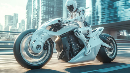 A woman cyborg biker riding a sleek, futuristic motorbike. The robot girl sits on a white sport motorcycle, speeding down the road in a sci-fi cyberpunk cityscape. The cool female biker and her advanc