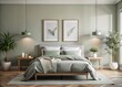 © Four888 - Soft sage green bedroom wall art mockup featuring two minimalist frames above bed in modern interior, exuding calmness and sophistication against crisp white bedding.