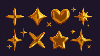 Wall Mural - set of 3d shapes in chrome, including a golden liquid star and a glossy heart sticker in a futuristi