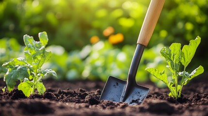 Close-up of a single garden shovel surrounded by freshly planted vegetables, soft, diffuse light creating even illumination, realistic details of the shovel and soil, blurred green garden backdrop,