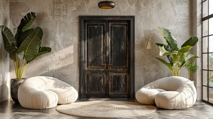 Two white chairs, a woven rug, and a large wooden door in a minimalist interior. AI generative. .