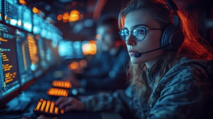 Female Gamer Wearing Headset and Glasses Focused on Computer Screen