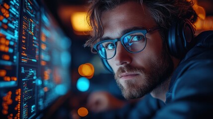 Focused Programmer Working Late at Night
