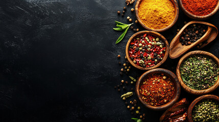 A colorful array of spices and herbs. Colorful spices, nuts, seeds, dried fruits, and herbal flowers. Seasoning spices background. Culinary traditions. Spices for cooking. Healthy food. Copy space 