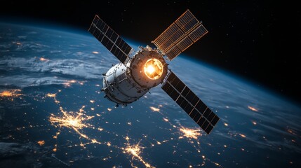 Wall Mural - high-tech space station, circular and illuminated, with earth's blue oceans below and shimmering spa