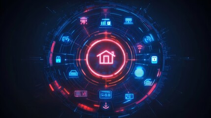 Modern smart home interface in circular shape, futuristic icons for lighting, temperature, and security, vibrant color scheme with dynamic lighting effects