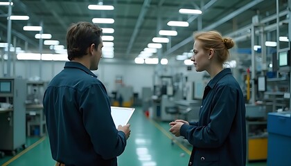 Two factory workers discussing work in a factory.