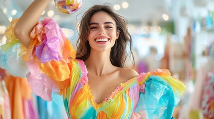 Happy Woman in Colorful Dress - Summer Fashion, Joy