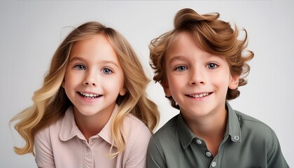 Two young children laughing heartily against a white background, embodying pure joy and happiness