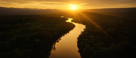 Wall Mural - A stunning sunset reflects on a winding river surrounded by lush greenery, creating a tranquil and picturesque landscape.