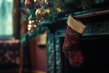 Wall Mural - Christmas sock hanging in front of the fireplace