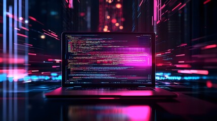 High-tech laptop displaying complex code snippets, web development tools, programmer workspace