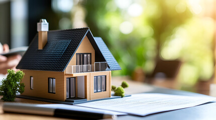 house model and contract, agent and customers discussing buying renting house, get insurance or loan