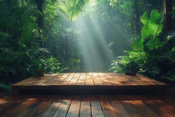 Poster - rustic wooden platform nestled in lush tropical forest dappled sunlight filtering through dense foliage perfect for product display amidst natures splendor