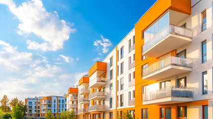 Residential apartment building exterior in orange and white colors. High block of flats with balconies, new build neighborhood. Real estate and construction market concept