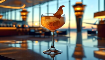 Wall Mural - Elegant cocktail glass showcased in an upscale airport VIP lounge, blending luxury and sophistication with a modern touch