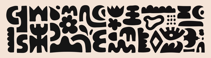 Aufkleber - Abstract organic shapes with black geometric cutting doodles. Trendy random figures isolated on a beige background. Vector illustration