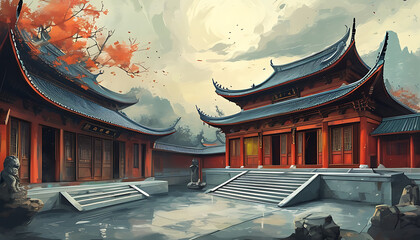 Poster - Illustrations depicting the thrilling atmosphere of ancient temples