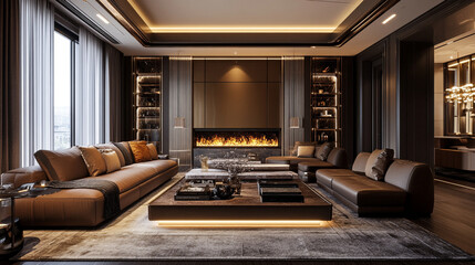 luxury hotel room with furniture Modern classic interior of living room, gray sofa and marble table on black.