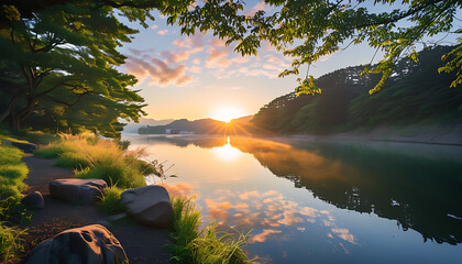 Sticker - Kobe, Japan's natural beauty in early summer morning