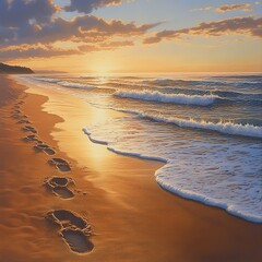 A serene sunset on a sandy beach, featuring gentle waves and footprints leading to the water's edge, evoking peace and tranquility.