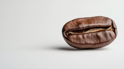 Single Roasted Coffee Bean: A rich, dark, and freshly roasted coffee bean sits against a clean white background, showcasing its intricate details and inviting aroma. Its smooth