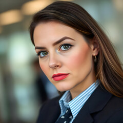 Canvas Print - A beautiful, serious businesswoman, looking at the camera, wearing a formal uniform, hair is tidy, blurred background