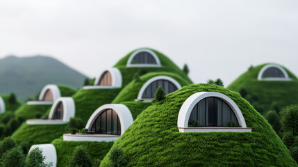 Innovative green architecture featuring hill-shaped houses, surrounded by lush greenery and a tranquil landscape.