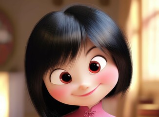 Poster - A whimsical fantasy artwork showcasing a charming girl with glowing eyes and playful expressions, set against a dreamy backdrop.