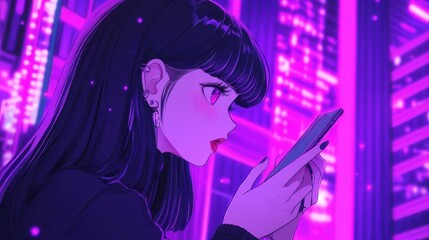 Canvas Print - A vibrant anime girl immersed in her phone, surrounded by the glowing neon lights of Heart City, set against a clean backdrop.