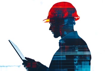 A man wearing a hard hat is reading a laptop