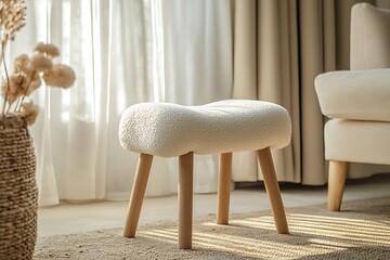 Canvas Print - Cozy white ottoman with wooden legs in a modern living room.