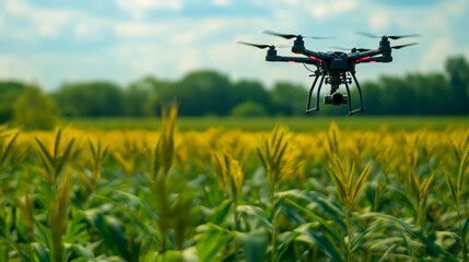 Drone flying over a field. Modern agriculture