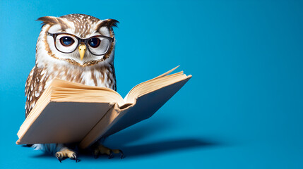 Wall Mural - Wisdom and education concept image with a wise owl reading a book on blue background with copy space