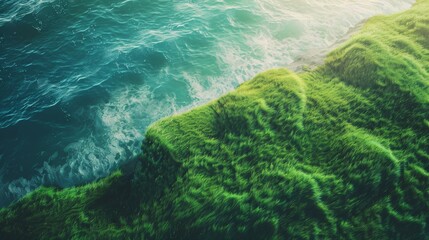 Abstract green grass mountain beach from above with light blue transparent water wave and sun lights, summer vacation background concept banner with copy space, natural beauty spa outdoors.