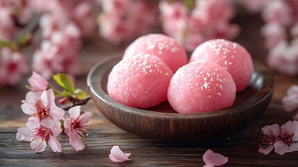 Pink mochi balls with coconut flakes and pink cherry blossoms.