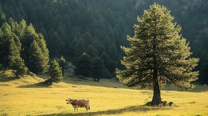 Canvas Print - Cow seeking cooling in the shadow of conifer tree on pastures Montasio Plateau in summer 