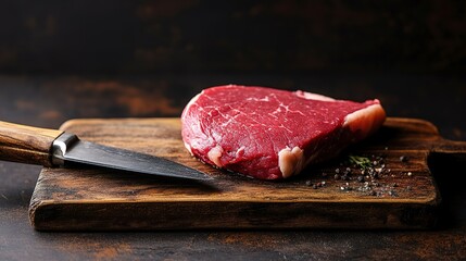 Raw beef steak with a knife on a wooden board, against a dark background.